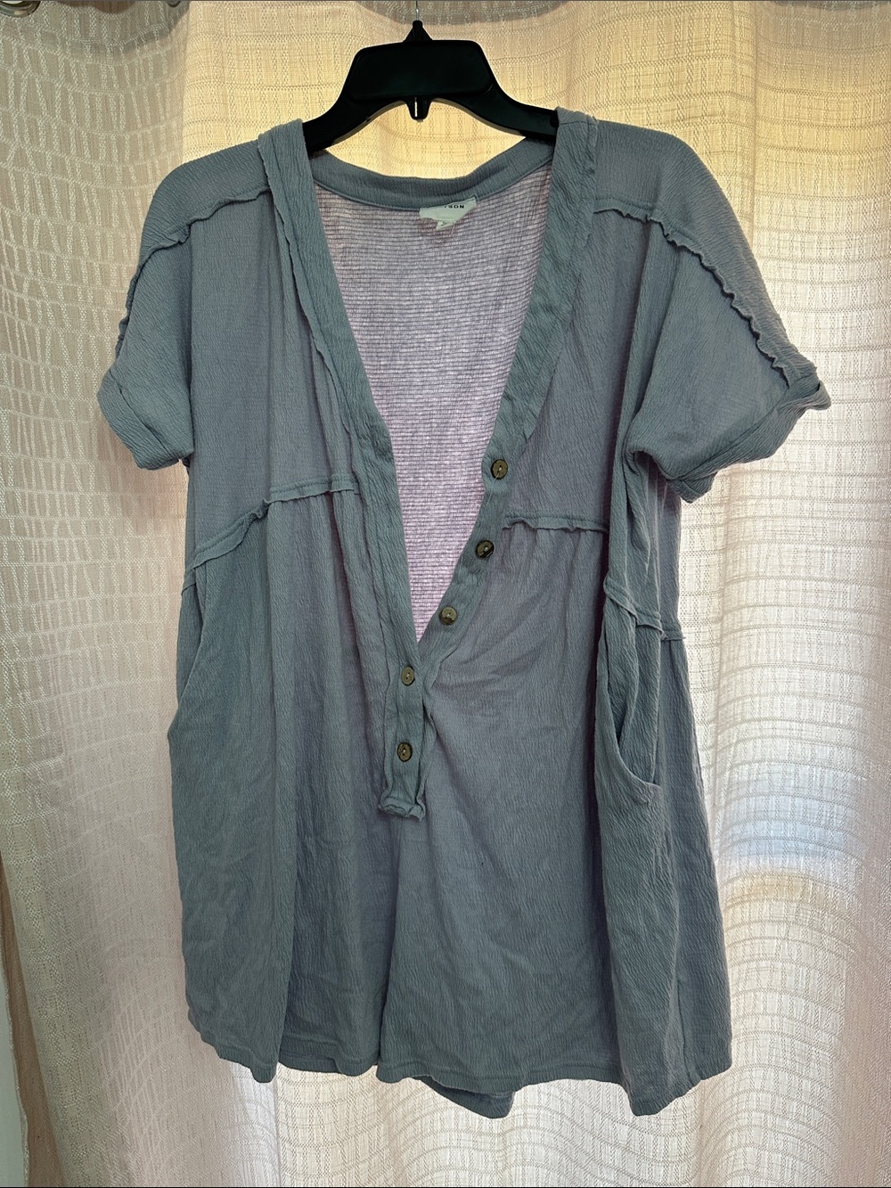 Relaxed Slate-Blue Short-Sleeve Henley Tunic
